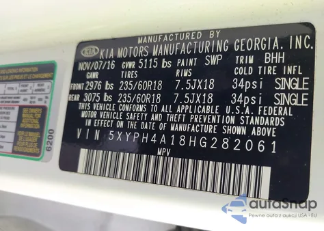 2017 Kia Sorento 2.0T Ex z USA, uszkodzony, nr VIN 5XYPH4A18HG282061